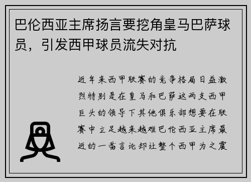 巴伦西亚主席扬言要挖角皇马巴萨球员，引发西甲球员流失对抗