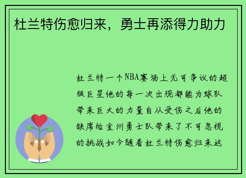 杜兰特伤愈归来，勇士再添得力助力