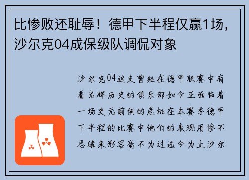 比惨败还耻辱！德甲下半程仅赢1场，沙尔克04成保级队调侃对象